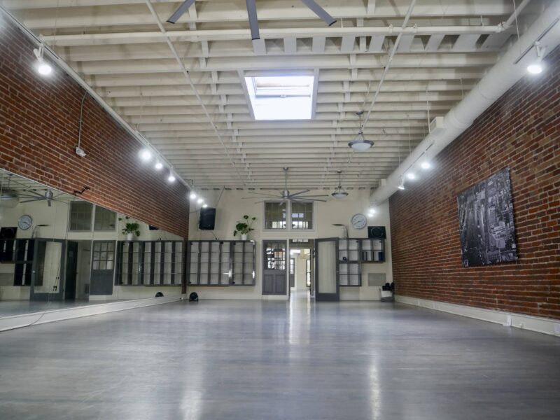 Industry Urban Loft Studios with High Ceilings, Skylights, Grey Hardwood Floors